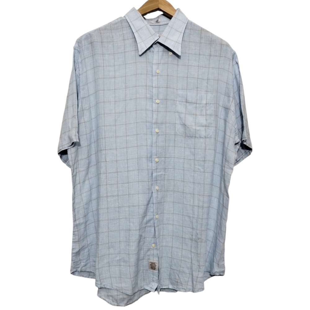 Peter Millar 100% Linen Short Sleeve‎ Button Down Shirt Men's XL Plaid Preppy